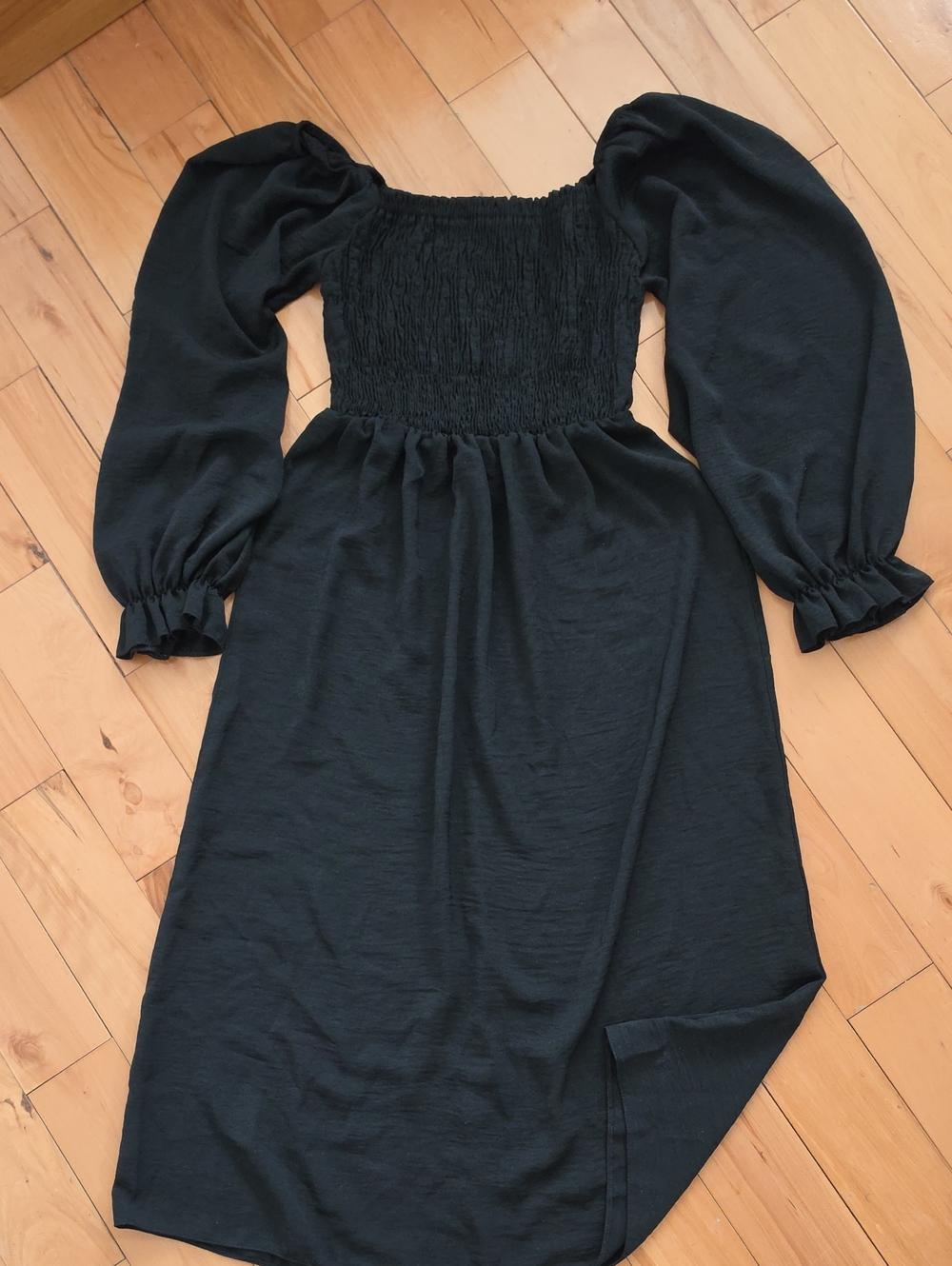ASOS Black Smocked Midi Dress with Puff Long Sleeves